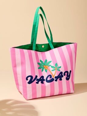 Shiraleah Pink Striped VACAY Tote with Green Handles